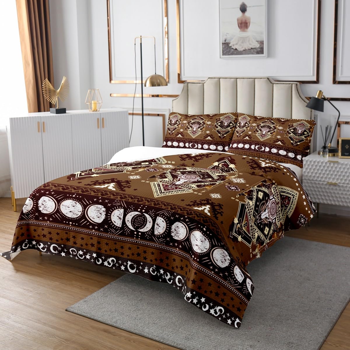 Manfei Rustikale Kuh Schädel Tagesdecke Western Cowboy Bettwäsche Set M Brown Aztec Tribal Coverlet Quilt