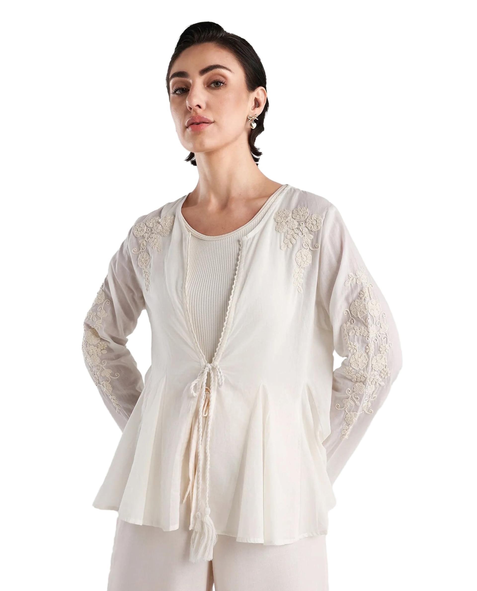 rareism Regular Solid Off White Viscose Collarless Long Sleeve Shrug-picture-14