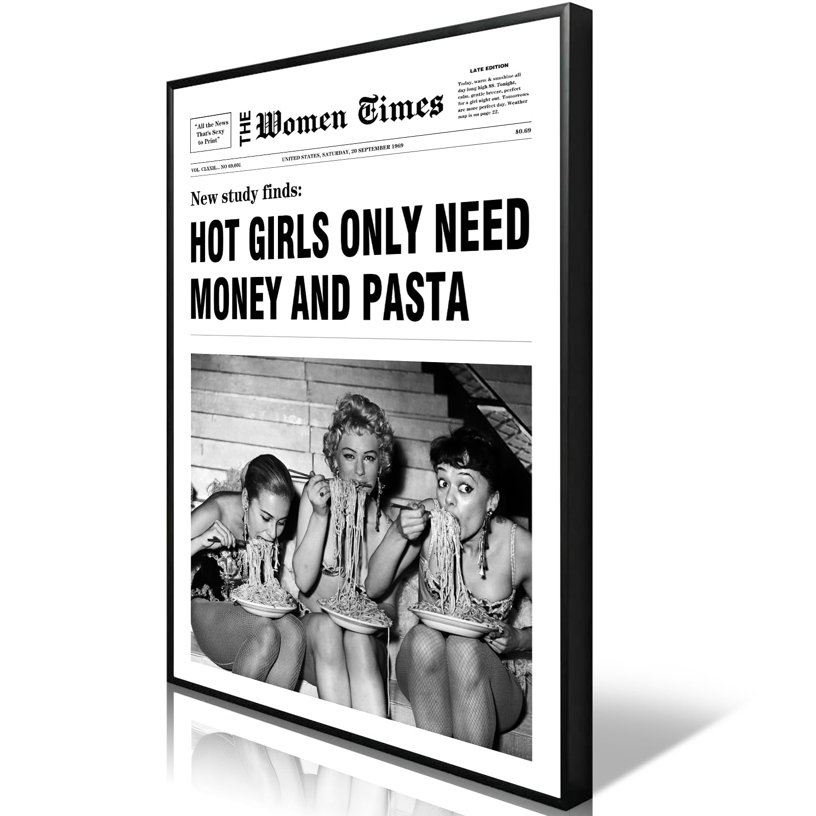 Anslipswar Girls 01 Framed Vintage Black And White Canvas Wall Art, Framed Having Fun Newspaper Print Room Aesthetic Poster, Women Eating Pasta Art, Trendy Funky Y Bedroom Bar Cart Wall Decor 12X16in