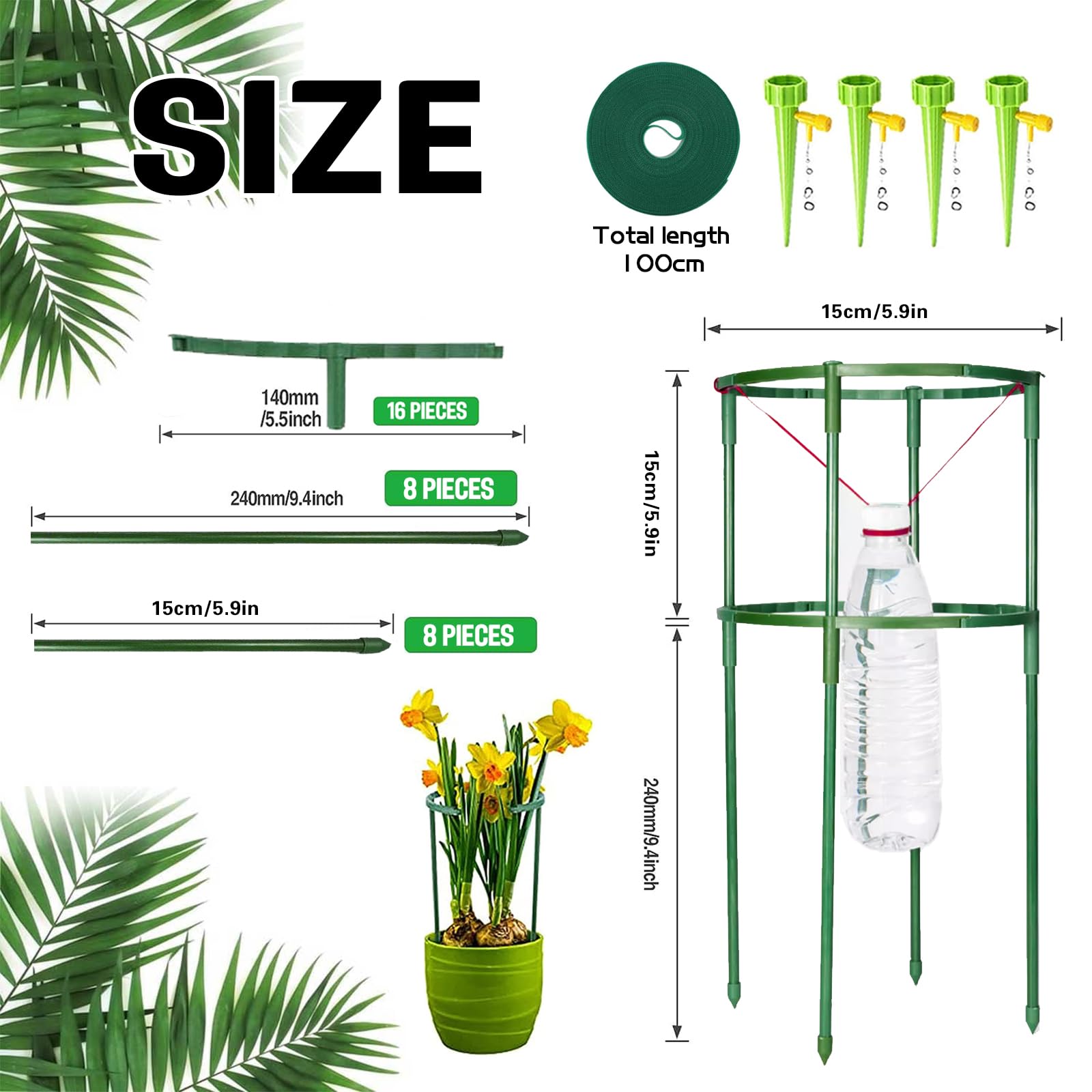 Pack of 16 Plant Supports for Garden, Trellis Indoor Plants, Flower Support, with Plant Ties, Free Splicing, for Potted Plants, Shrub Holder, Small, Tomatoes, Rose (8 Pieces 25 cm + 8 Pieces 15 cm - Image 2