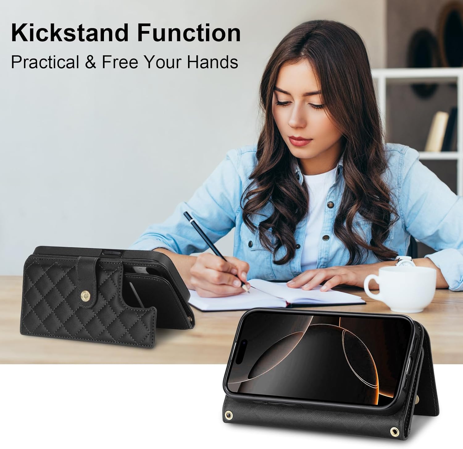 Vofolen Compatible with iPhone 16 Pro Max Case with Card Holder Crossbody Wrist Strap Leather Flip Case with Magnetic Clasp Kickstand Heavy Duty Protective Wallet Phone Case for Women, 6.9 Inch Black - Image 5