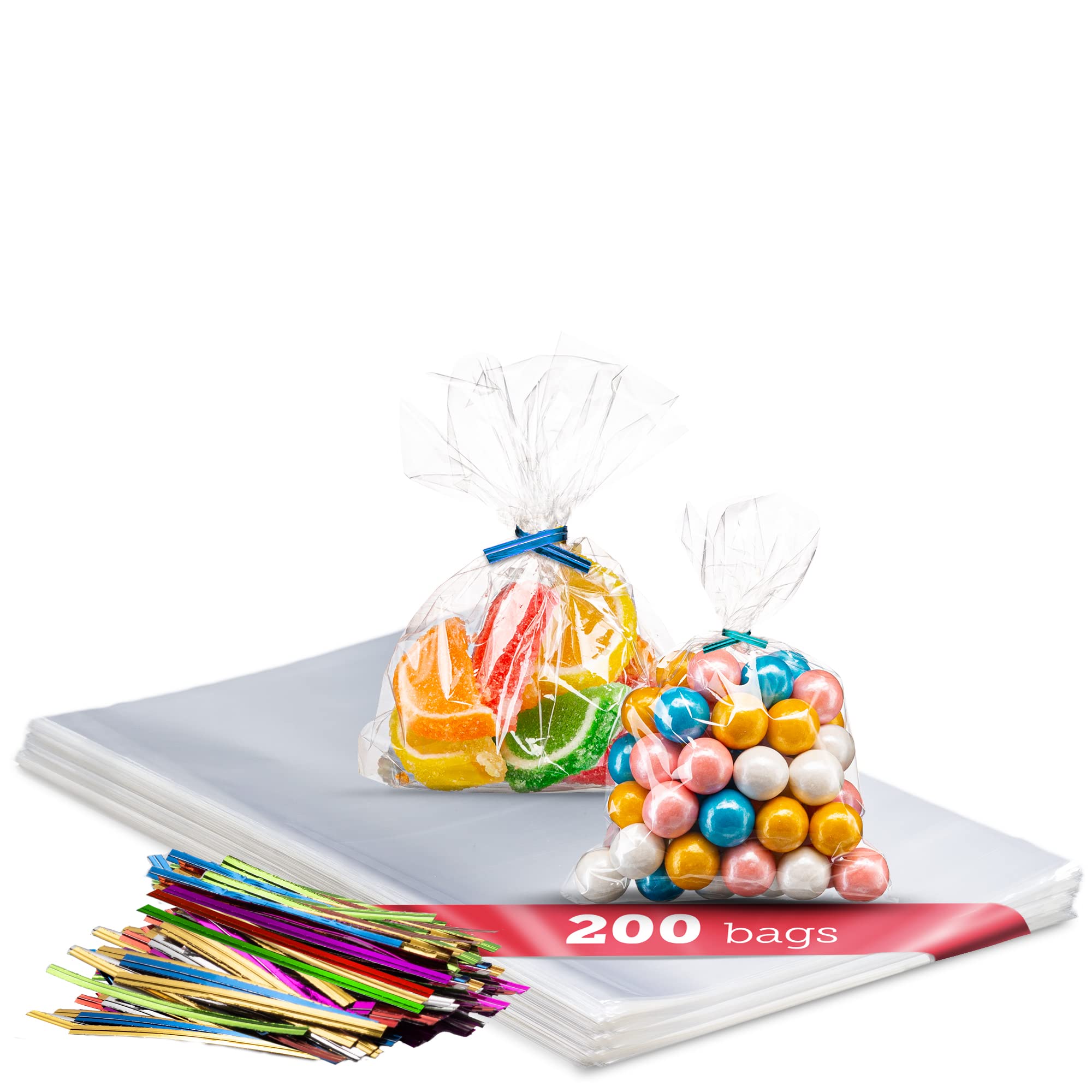 Prestee 200 Pack Clear Plastic Cellophane Bags Goodie Bags [4x6] with 4" Twist Ties, Candy Bags, Cookie Bags, Treat Bags with Ties, Clear Gift Bags, Cellophane Treat Bags (Pack of 200)