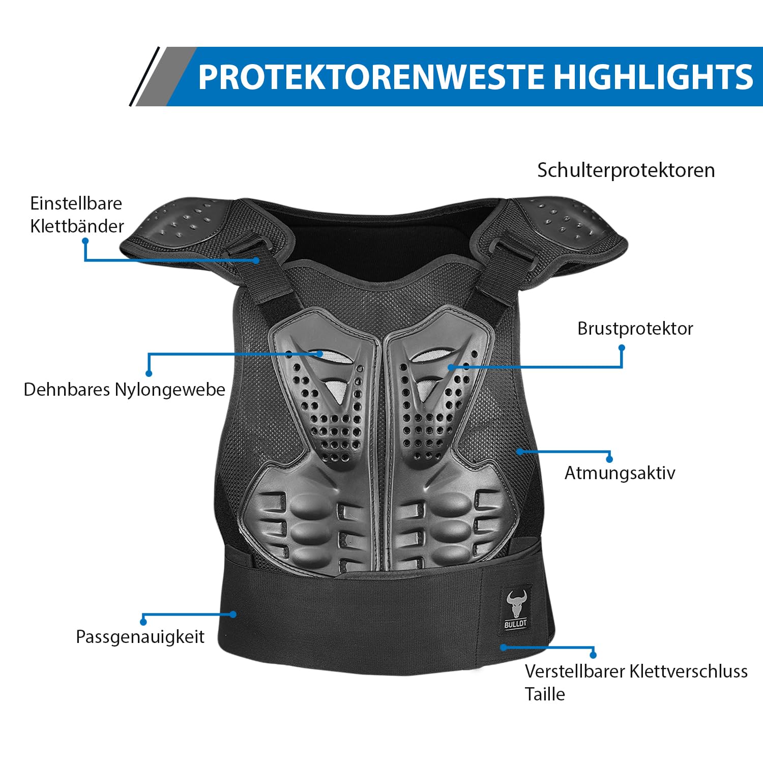 BULLDT Protektorenweste Damen & Herren für Motorrad Motocross ATV Skatebording Quad Scooter MTB Enduro Reiten Protektoren - Atmungaktiv Weste Verstellbar - Schwarz - 54