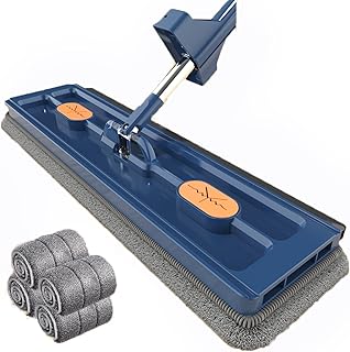 Roseionly Large Flat Mop, 2023 New Large Flat Mop,360°Rotating Mop with Dewatering Scraper,Stainless Steel Long Handle Mop,Stainless Steel Long Handle Microfiber Pad Mop (4pcsRag,Blue)
