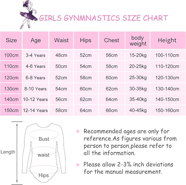 Bezioner Ragazze Ginnastica Leotards Body Danza Claasica Balletto Ginnastica Artistica per Bambina Senza Maniche/Manica Lunga per Bambini di 3-14 Anni - 5