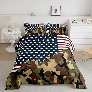 Vintage American Flag Comforter Set Twin Size,Camo USA National Flag Down Comforter Bedding Set for Kids Child,Military Retro Camouflage Bed Quilt Stars and Stripes American Flag Theme Bedroom Decor