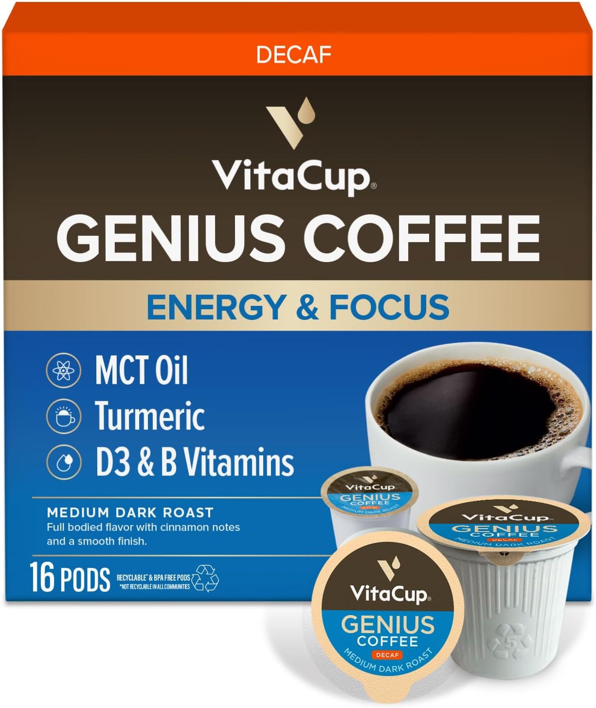 Decaf Genius Keto Coffee Pods with MCT Oil, Turmeric, and B Vitamins by VitaCup for Focus in Recyclable Single Serve Pod Compatible with K-Cup Brewers Including Keurig 2.0, 16 CT