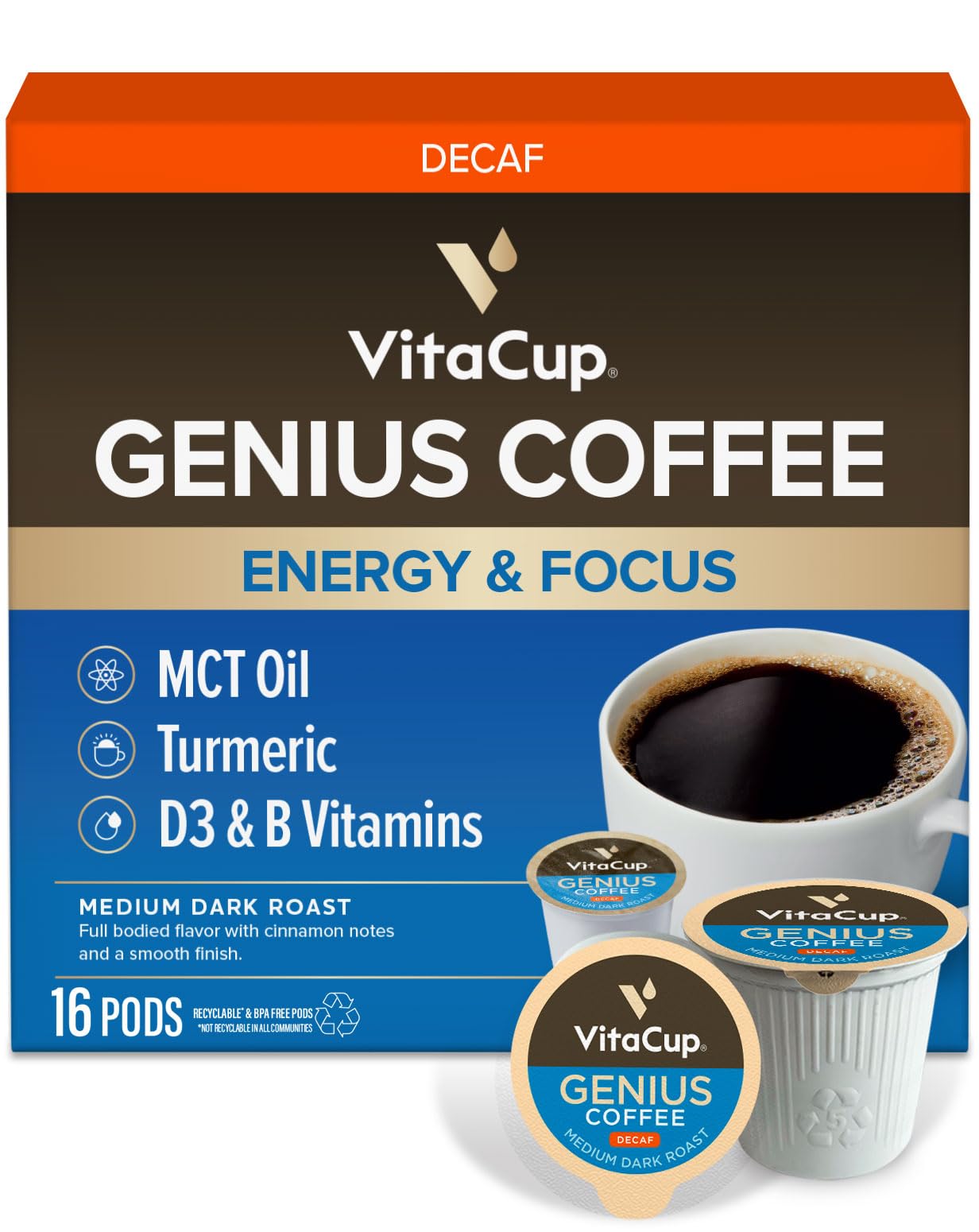VitaCup Decaf Genius Keto Coffee Pods with MCT Oil, Turmeric and B Vitamins for Focus in Recyclable Single Serve Pod Compatible with K-Cup Brewers Including Keurig 2.0, 16 Ct