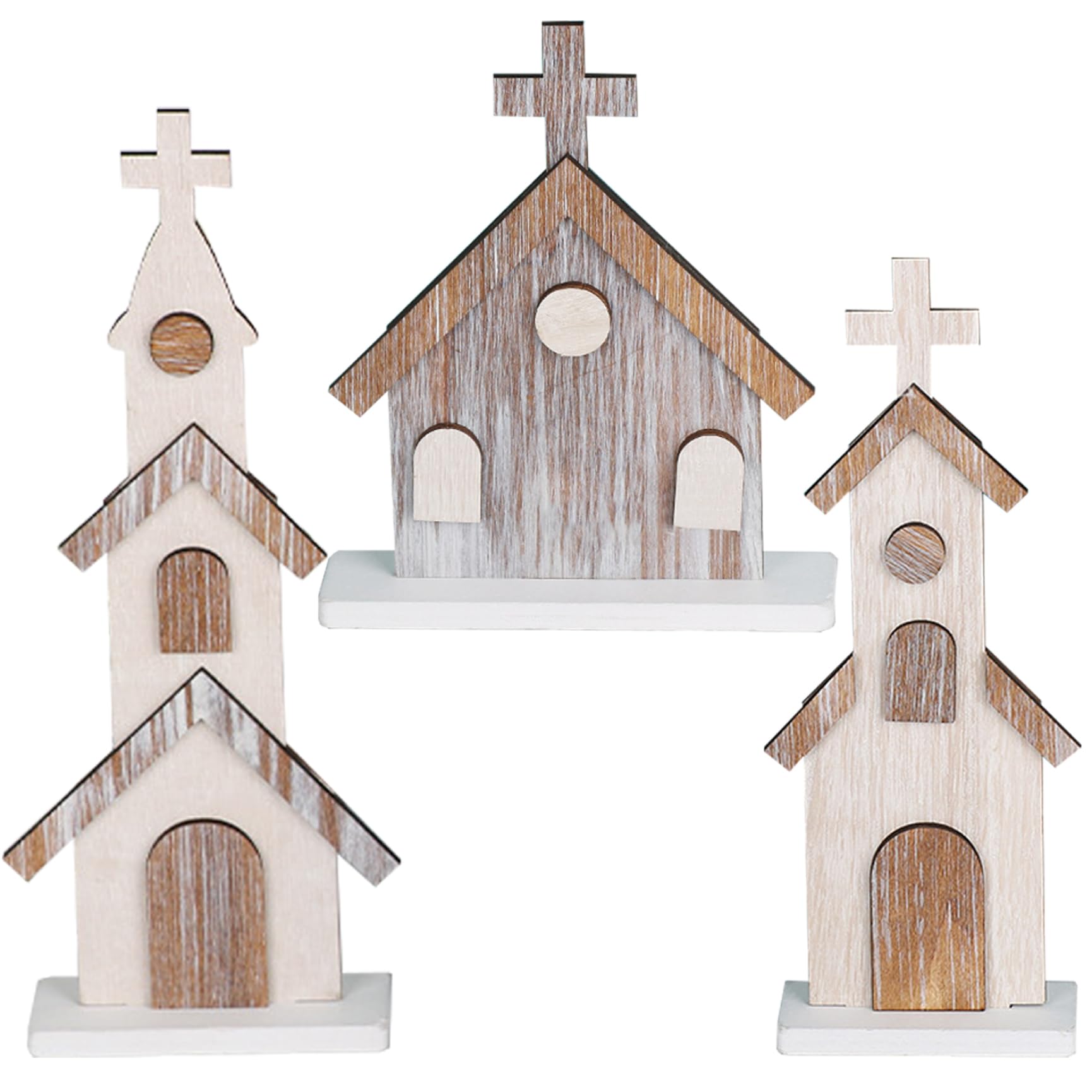 Décoration de cheminée de Noël avec ce lot de 3 églises rustiques en bois