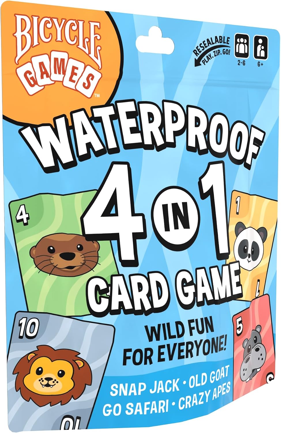Bicycle Waterproof 4-in-1 Card Games Set Plastic Deck Family Travel Pack | 4 games in 1 Crazy Apes Go Safari Old Goat and Snap Jack, Waterproof plastic, Re-sealable storage bag, Ages 6 and up