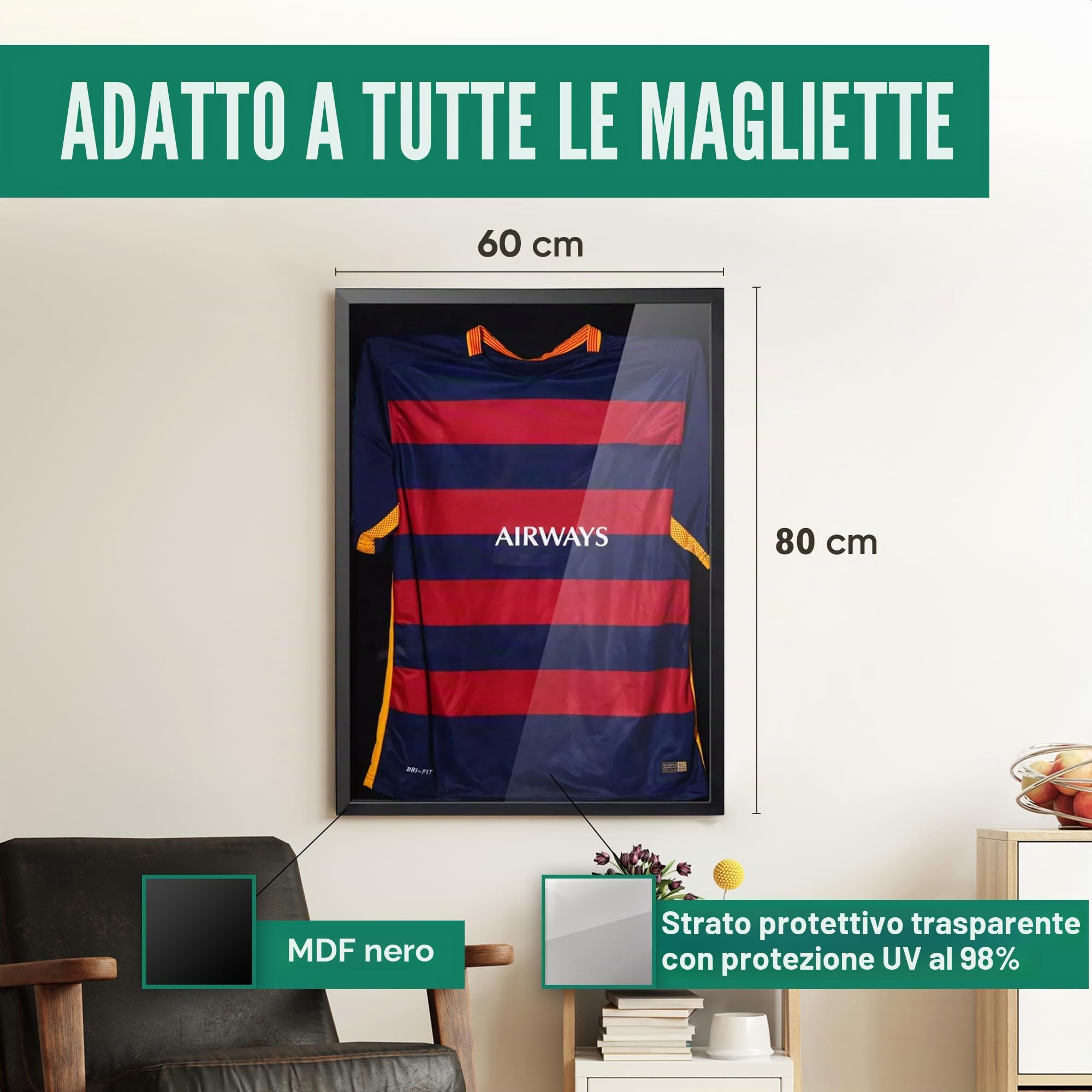 Avalo Cornice 3D - Maglia da calcio incorniciata - Nero - 60 x 80 cm