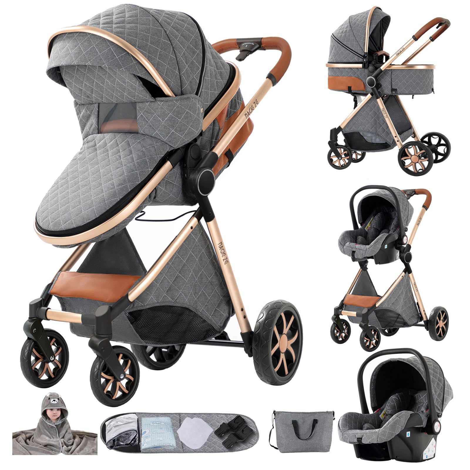 MoLi Poussette 3 en 1, Pousette Bebe avec Mode Double Poussée Réversible, Pousette Citadine Nacelle Grande, Poussette Combinée Cadre en Alliage d'aluminium Pliable Haut Paysage (YV9 Grey)
