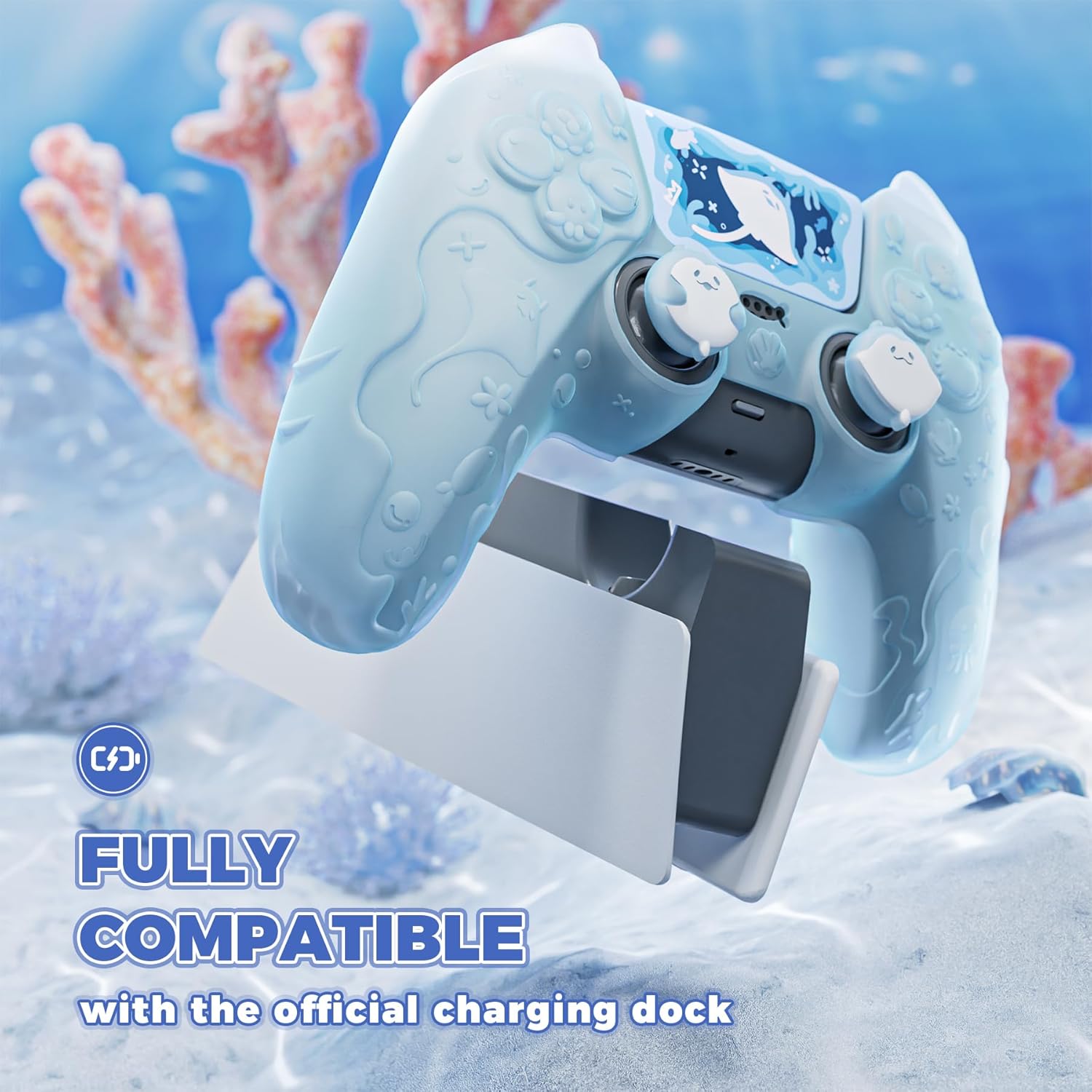 PlayVital for PS5 Controller Cover Skin - Cute Ocean Whisper Series Semi-Clear Silicone Case for PS5 Controller with Thumb Grip & Sticker, Charging Station Compatible, Full Protection - Mint Blue - Image 8
