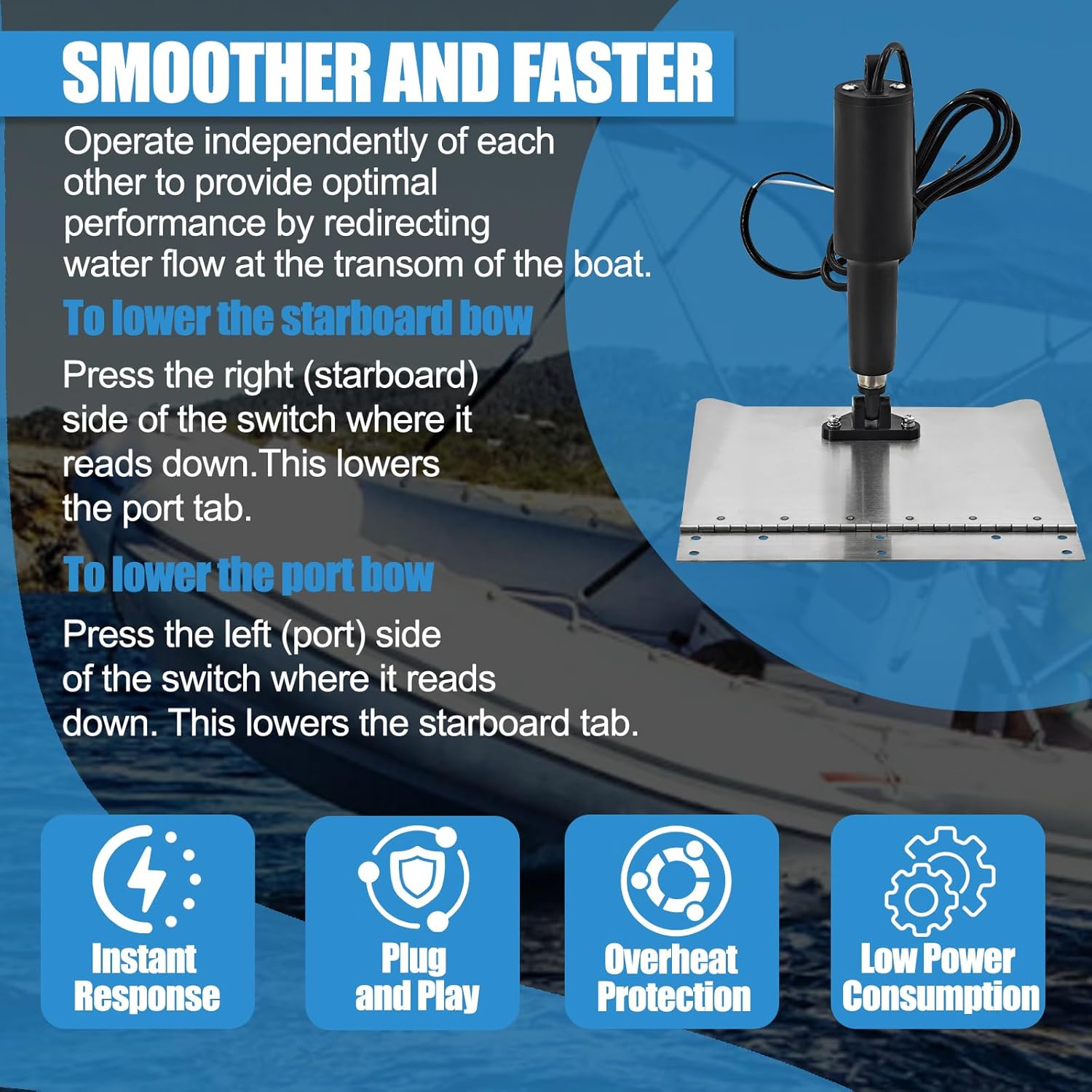 15001-101 9" x 12" Standard Trim Tab Kit, 15101-104 12V w/Double Rocker Switches Trim Tabs for Boats Size 16ft to 25ft Replace# 15001101, 15101104