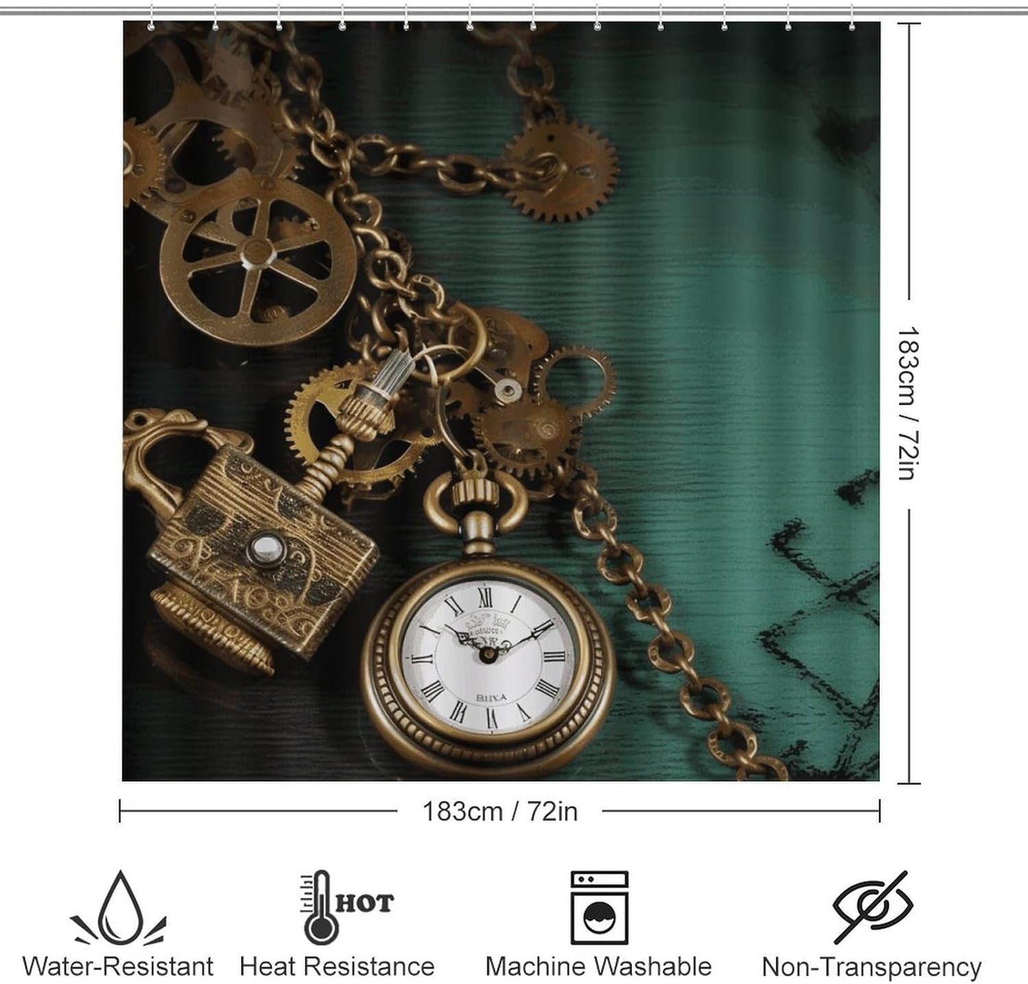 Steampunk Watches Keys and Chains Shower Curtains Set 4 Piece with Non-Slip Rugs, Toilet Lid Cover and Bath Mat Soft Bathroom Carpet Waterproof Bathroom Curtain with 12 Hooks for Bathroom Decor
