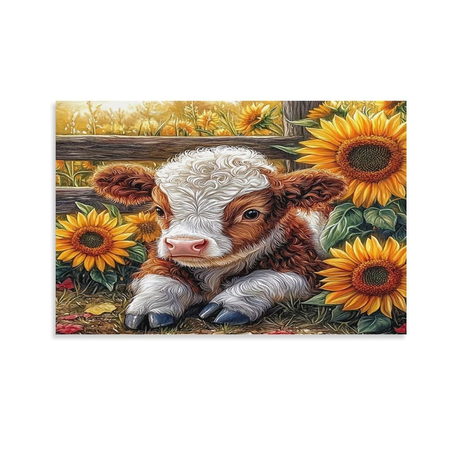 CPLVKWRQJ Cute Calf Sunflowers Single Piece Fluffy Calf Sunflower Wooden Fence Framed Wall Art - Living Room Gallery Wall Focal Point Ready to Hang Decor 20x30inch(50x75cm)