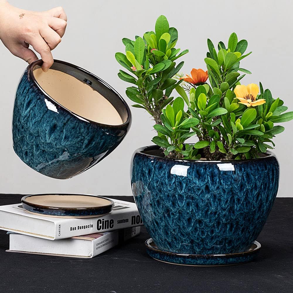 Peacock Blue Ceramic Flower Pot with Drainage Hole and Saucer, Indoor Plant Pot Nordic Style Glazed Planter Decorative Round Ceramic Pot for Home Office Living Room Decor