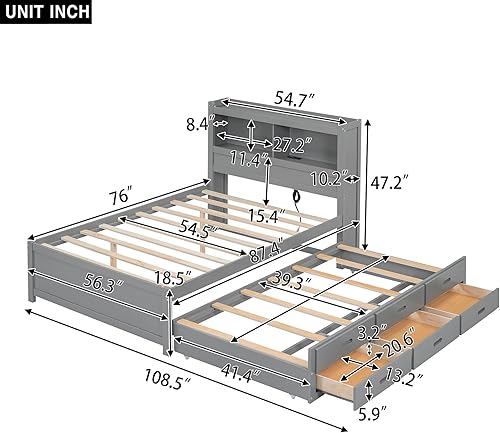 Miniatura 3 de Polibi Cama de plataforma de tamaño individual con dos cajones de almacenamiento, plataforma de madera con cabecera y estribo, gris