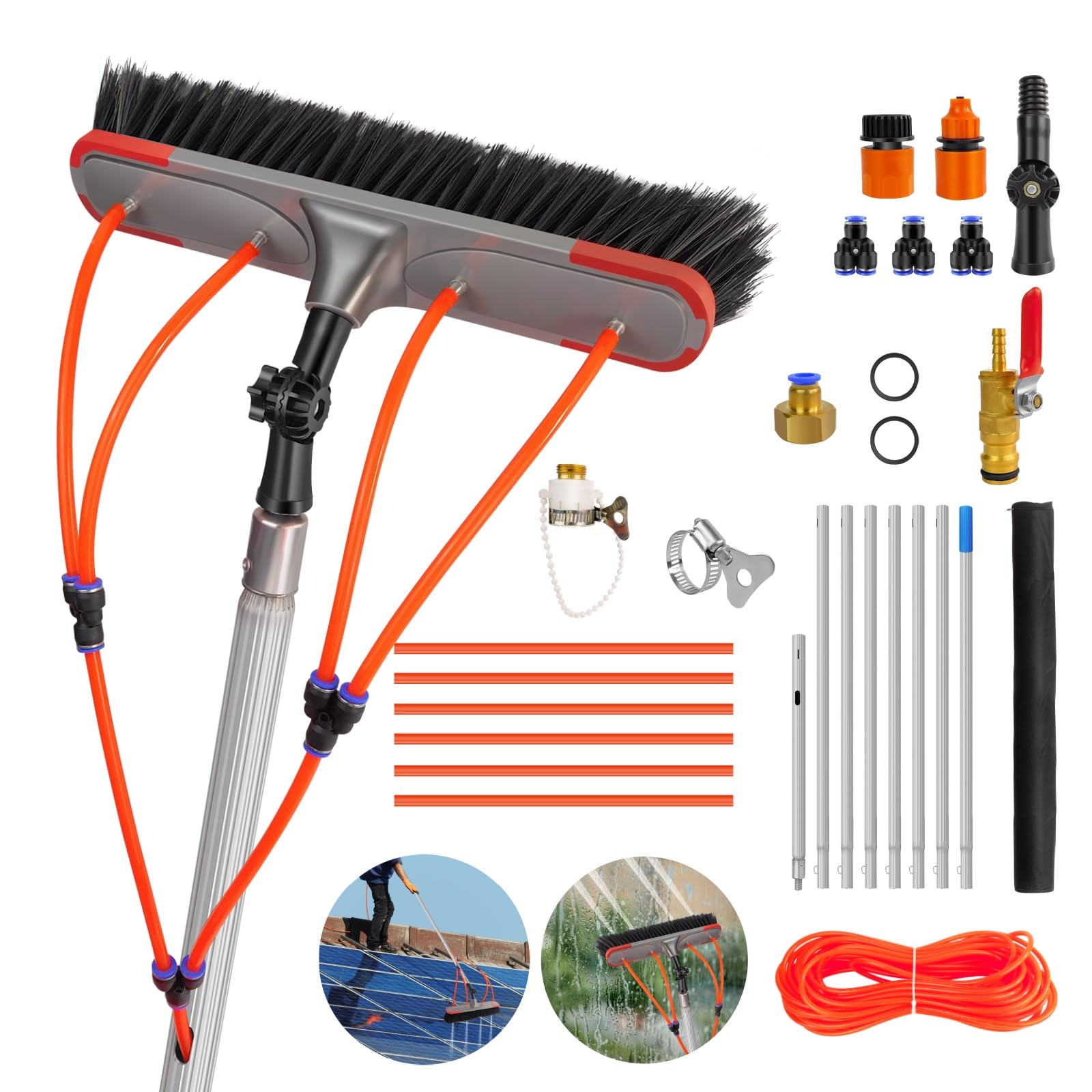 Brosse de Lavage Télescopique 7 m avec Alimentation en Eau - Kit Nettoyage Panneaux Solaires, Fenêtres et Toits - Perche Extensible de 140 cm à 700 cm - Tête PP Rotative