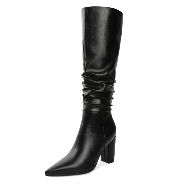 Knee High Boots for Women Chunky Heel Boots Classic Pointed Toe Boots Slouchy Booties for Work Office Comfortable