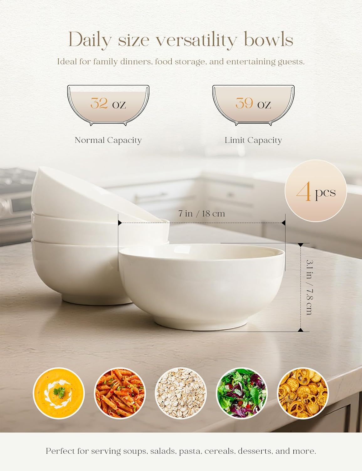 AISBUGUR 39 OZ Large Soup Bowls,Porcelain Salad Bowls Set of 4,Pho Bowls for Soup,Salad,Cereal,Pasta,Fruit,White Bowls Set for Dishwasher & Microwave Safe - Image 3