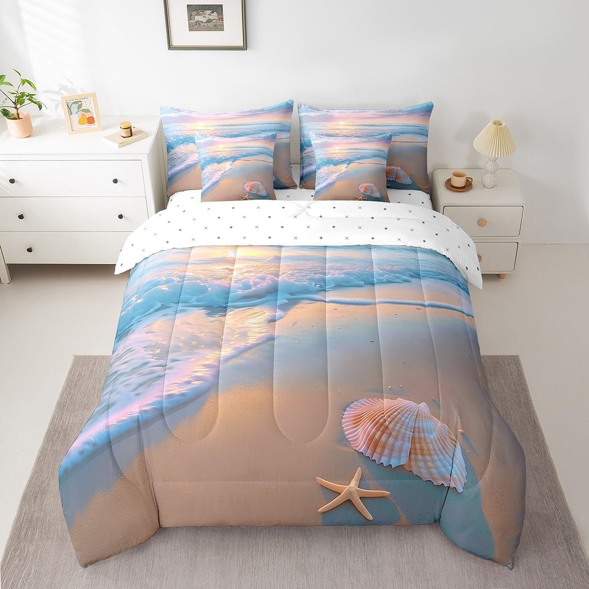 jejeloiu Beach Theme Comforter Set with Sheets Queen Size 7 Pieces Kids Summer Sea Ocean Sunset Bedding Set for Boys Girls Wave Coastal Starfish Seashell Natural Scenery Bed in a Bag Room Decor
