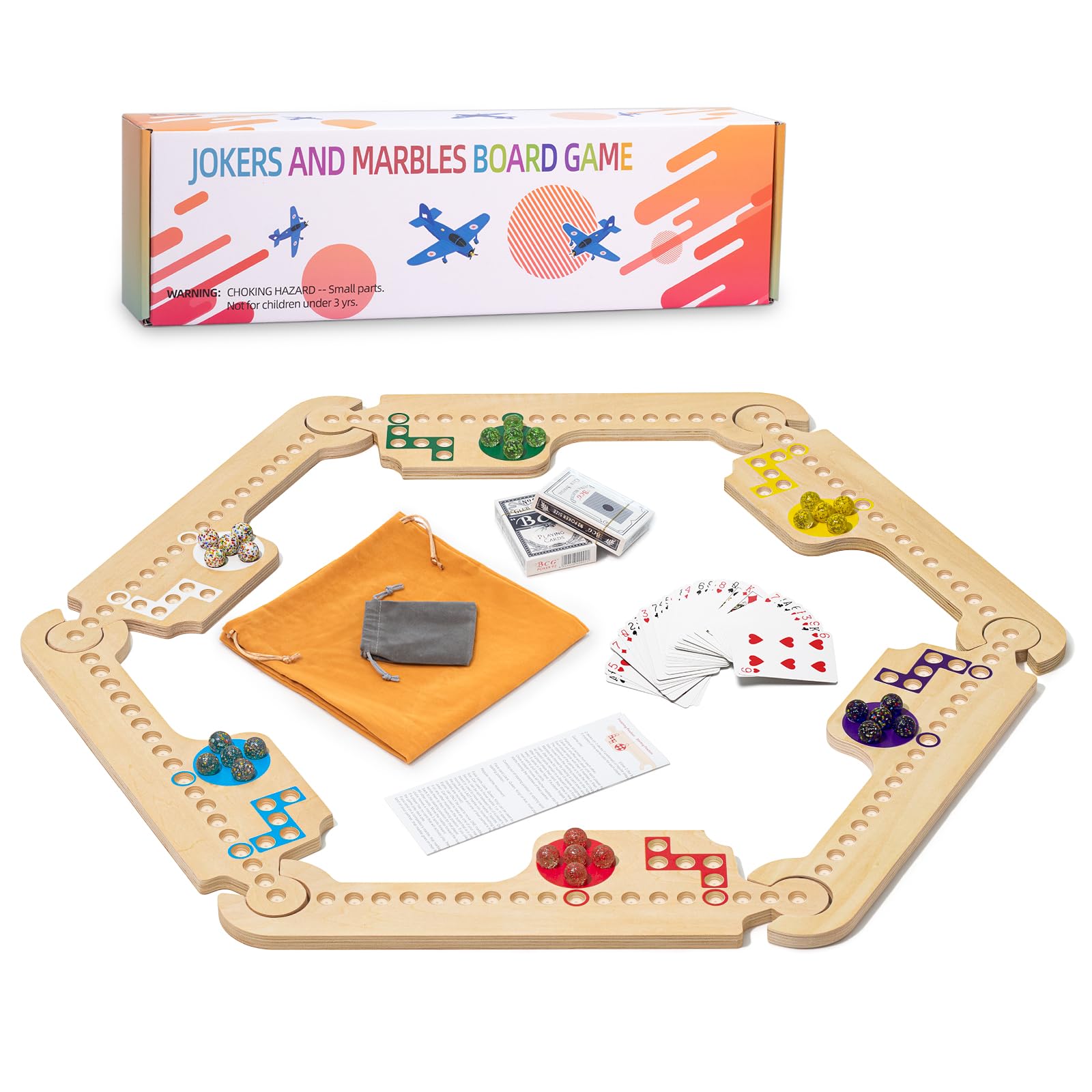 Jokers and Marbles Board Game, Wooden Marble Game for 2-6 Players