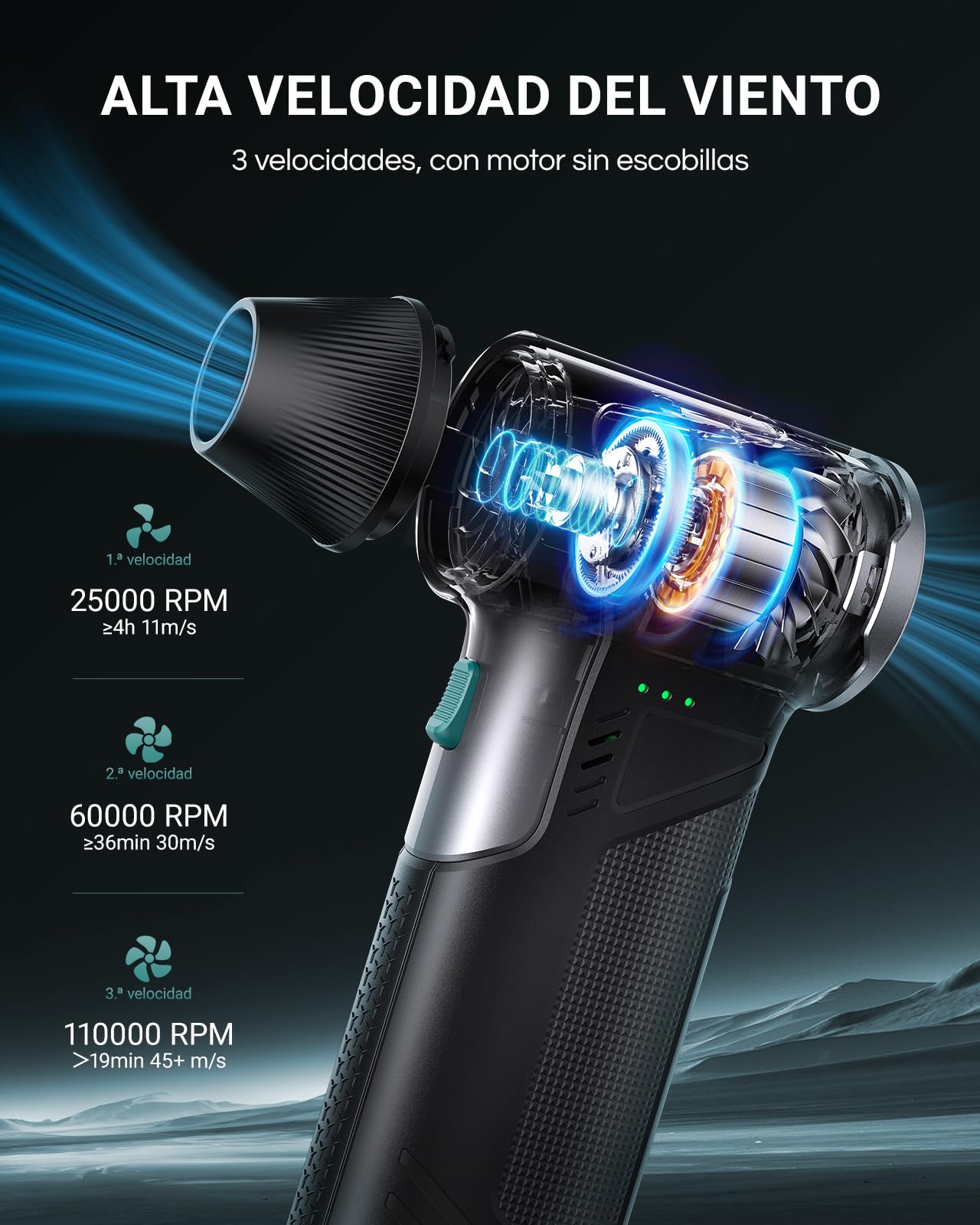 T150 Plumero de aire eléctrico inalámbrico de 110000 rpm, mini soplador ajustable de 3 engranajes con carga rápida, soplador de polvo para computadora, teclado, casa, exterior y coche