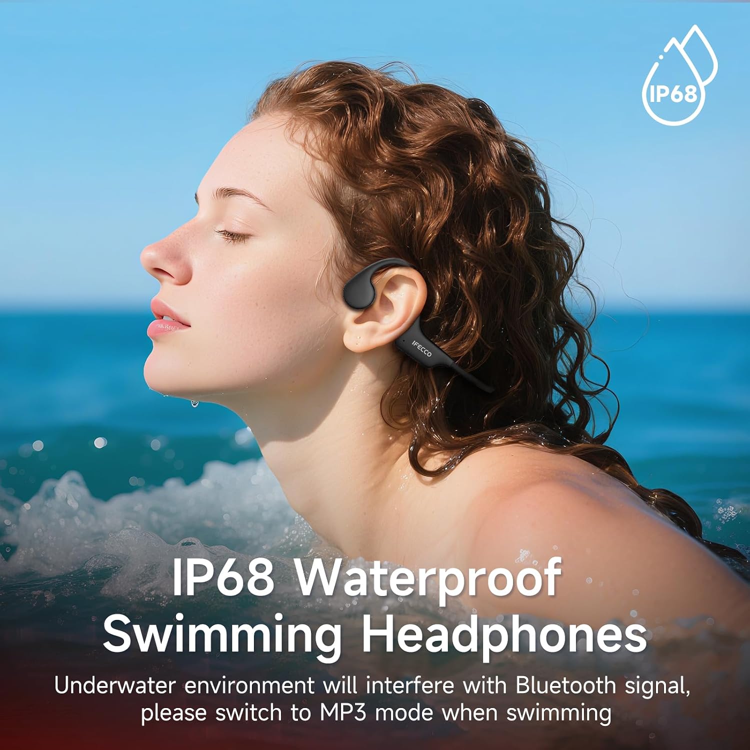 IFECCO Waterproof Headphones for Swimming - Bone Conduction Headphones Swimming Bluetooth 6.0,IP68 Waterproof Earbuds Underwater,Open Ear Earbuds with 8G MP3 for Swim Cycling Running