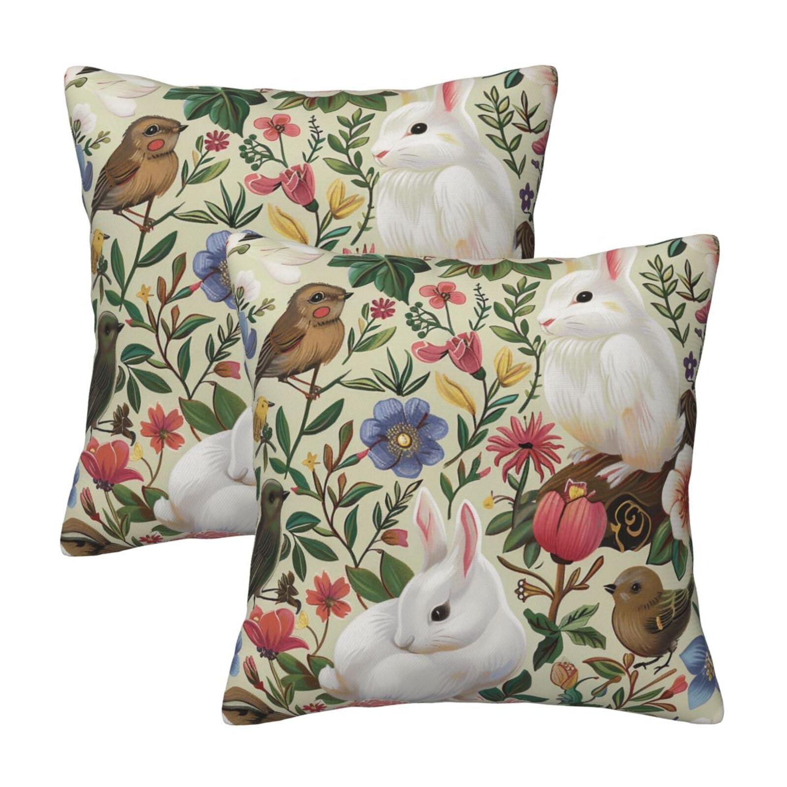 Flowers Bunnies Birds Throw Pillow Cases 2 Pack Square Pillowcases Soft Pillow Protectors for Couch Livingroom Sofa Bed Office Car,30x30 CM