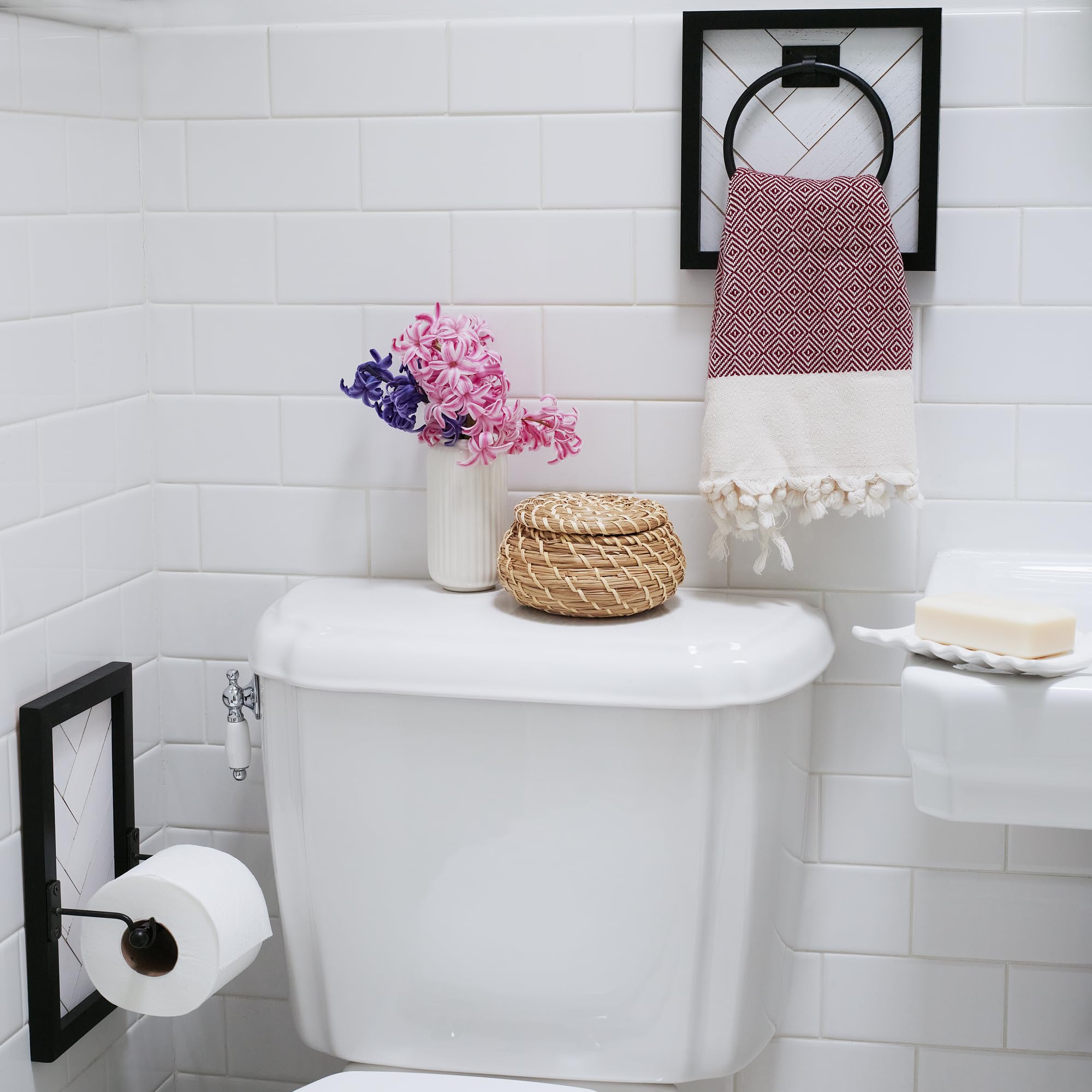 Autumn Alley Farmhouse Decor Hand Towel Ring for Bathroom - Rustic Hand Towel Holder - Rustic Towel Rack Ring Holder, Wall Mounted, Bathroom Decor Towels with Unique Shiplap, Black Ring, Wood, White