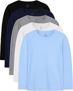 5 Pack Boys Long Sleeve Shirts Cotton T-Shirts Tees Kids Clothes Tagless | Basic Youth Boys Shirts 5T-18Y, Cozy & Breathable, Reinforced Rib-knit Neck & Cuffs & Hem, Perfect for Layering or Daily Wear