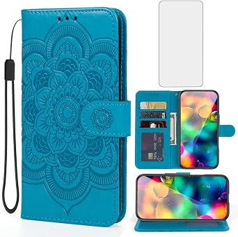 Case for iPhone 17 Case/for Apple17 Wallet Cases with Tempered Glass Screen Protector, Mandala Leather Flip Credit Card Holder Stand Phone Cover for iPhone 17 Blue