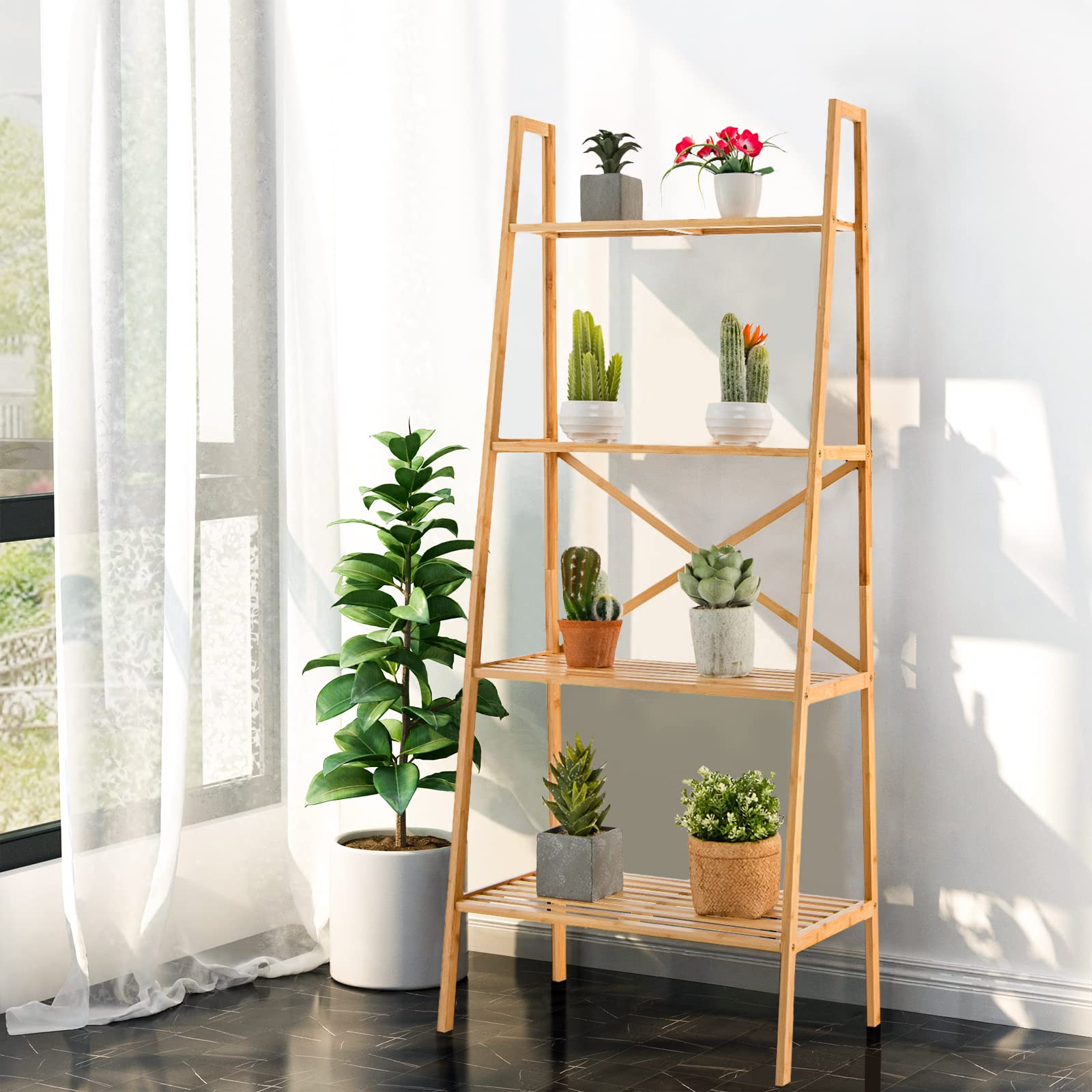 COSTWAY Scaffale a Scala in Bambù a 4 Piani, Supporto Multifunzionale per Piante con Dispositivo Anti-Ribaltamento, Ideale per Terrazza, Giardino, Balcone