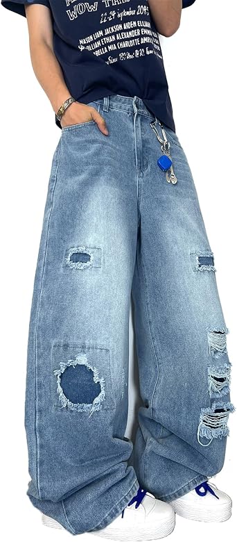 DFGIGT Mens Wide Leg Ripped Baggy Jeans Hip Hop Vintage Y2k Relaxed Fit Loose Denim Pants Streetwear