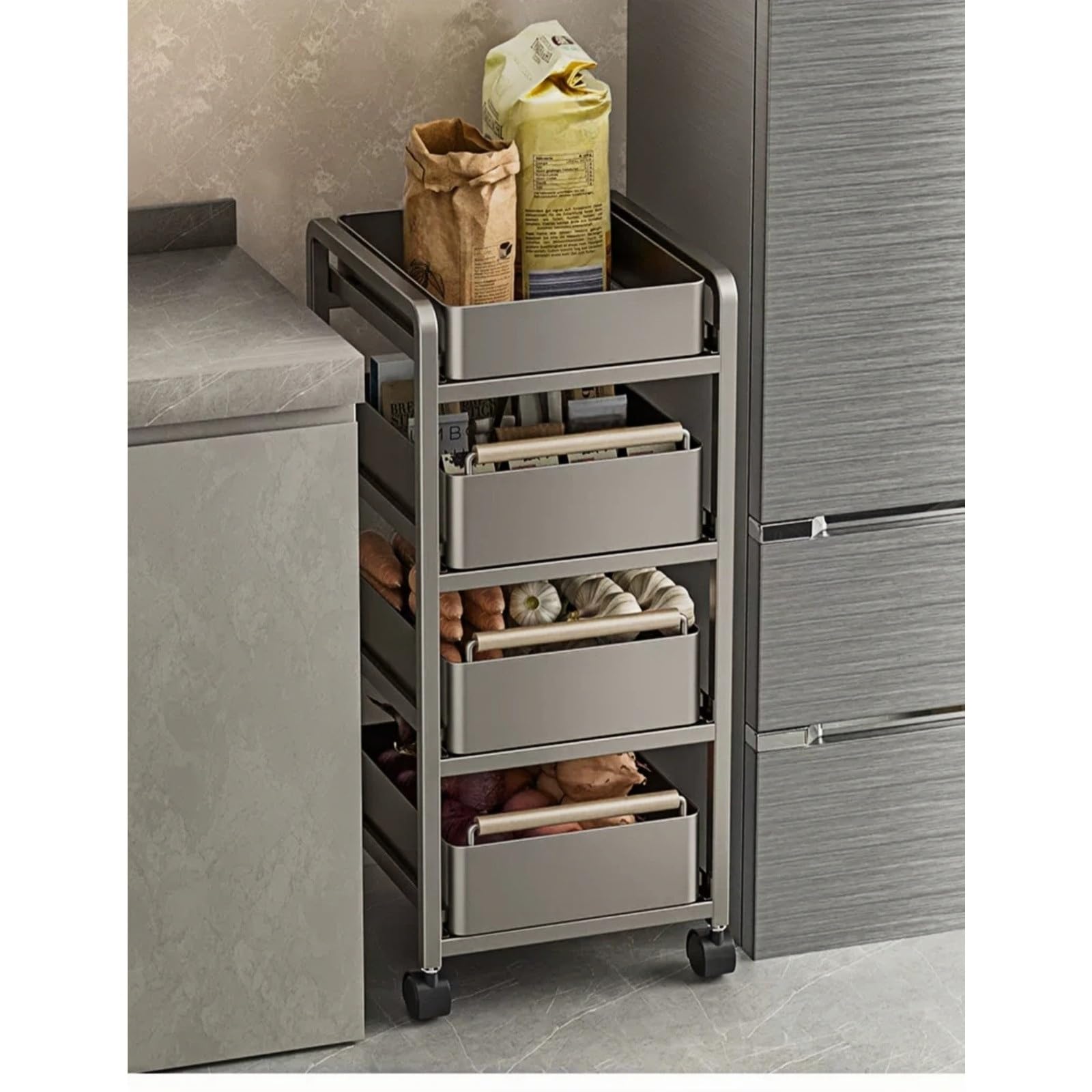 Almacenamiento Carro de Almacenamiento Cocina Varios Niveles, Estante Organizador Cesta Verduras rodante móvil(Negro,Grande)