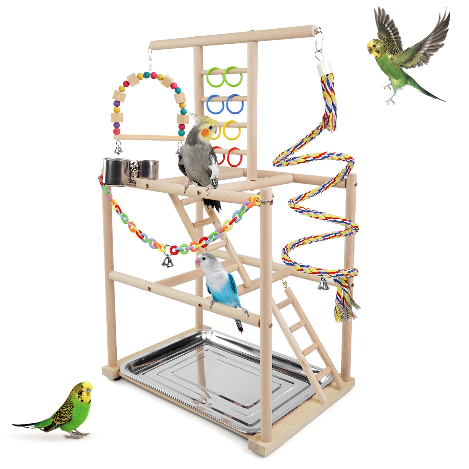 Bird Playground, Parrots Playstand for Small to Medium Birds, Perch Stand with 3 Ladders Playgym with Rope Perch, Swings Feeder Cups Bird Cage Accessories for Conure Cockatiel Lovebirds