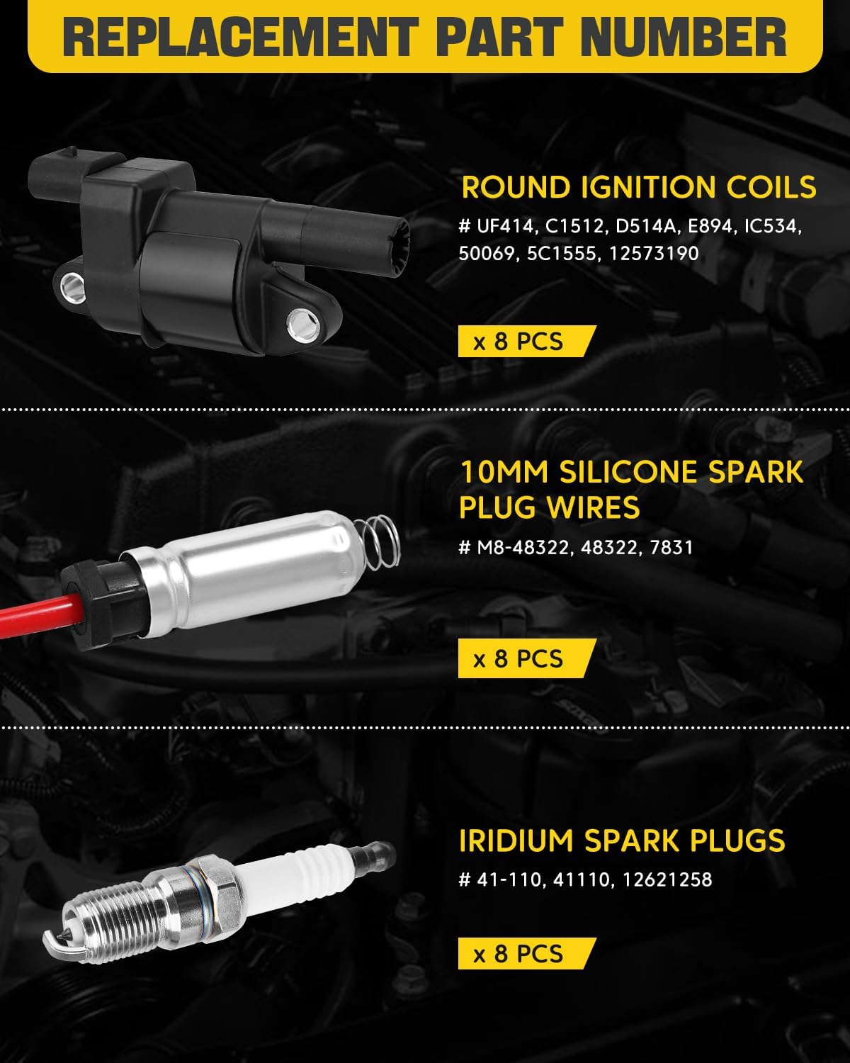 8Pcs UF414 Round Ignition Coils with 10.4mm Silicone Spark Plug Wires Set & 41-110 Iridium Spark Plugs Compatible with Chevy Silverado Suburban Tahoe, GMC Sierra Yukon, Cadillac, Buick 4.8L 5.3L 6.0L