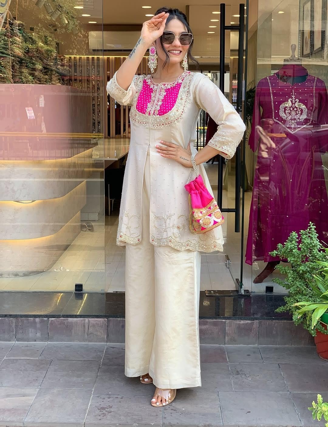 Women Embroidered Roman Fabric Kurta Set 2 Piece Ethnic Co Ord Set with Palazzo Pants Party Wear Indian Outfit