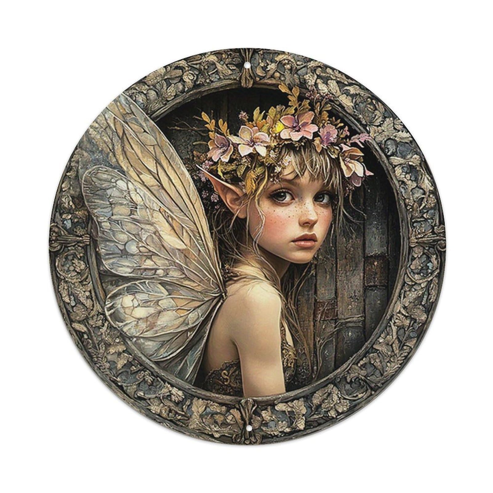 Fairy Wings Floral Crown Elven Door Round Tin Sign Vintage Metal Sign Home Bar Garden Indoor & Outdoor Wall Decor Retro Metal Poster 8x8 Inch