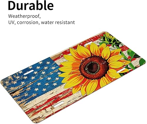 Miniatura 4 de Placa de matrícula frontal retro con bandera estadounidense de girasol para mujer, placas decorativas de aluminio de metal, bonita cubierta de