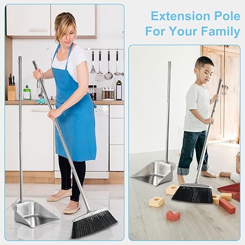 Miniatura 28 de VOOWO Juego de escoba y recogedor para el hogar, juego de escoba y recogedor de acero inoxidable con mango largo, juego de escoba resistente