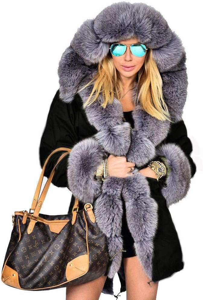 Aofur Women's Hooded Faux Fur Lined Warm Winter Coat