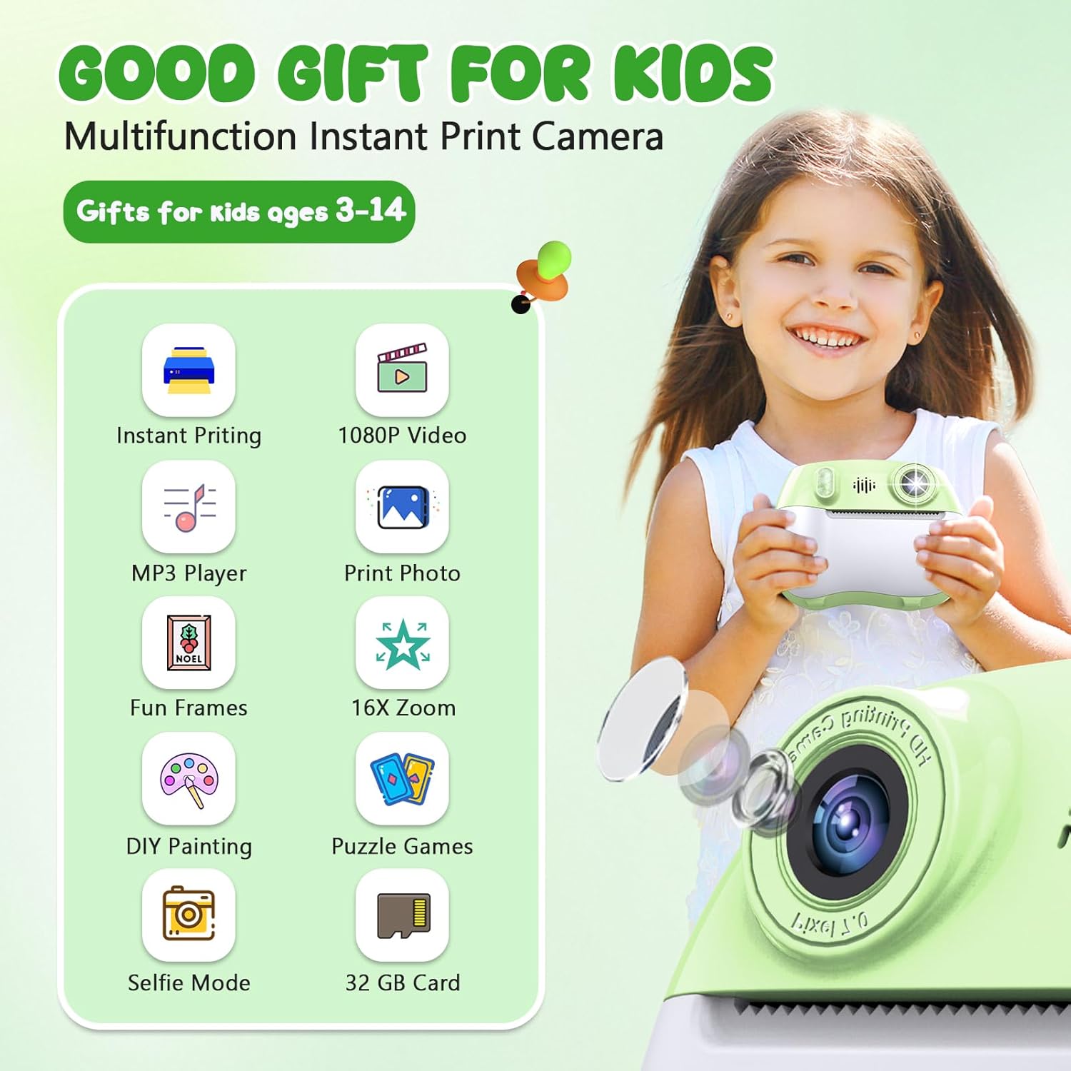 kids camera instant print 1080p front rear dual selfie - toddler cameras with digital video games,32gb & 5-color print paper/ 250 photos,easy to use & great toys gifts for boys girls, ages 3-12 green