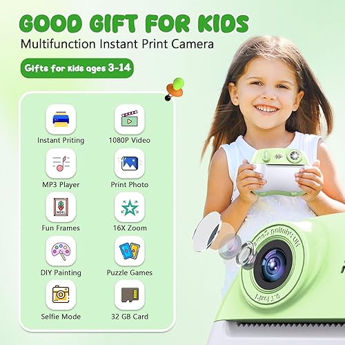 Miniatura 2 de Cámara para niños con impresión instantánea 1080P frontal y trasera dual selfie – Cámaras para niños pequeños con videojuegos digitales, 32 GB y