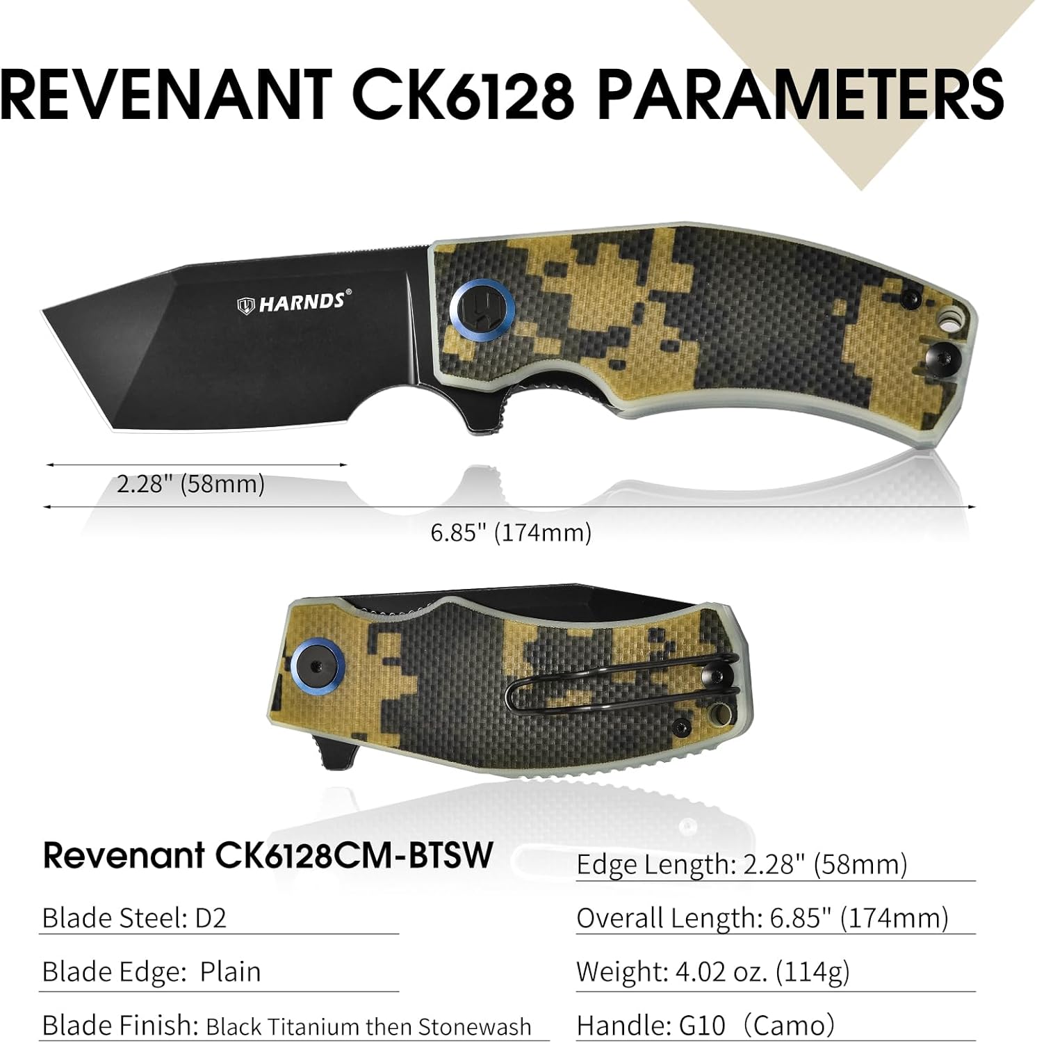 Harnds Pocket Knife D2 Steel Blade Folding Knife Tanto Blade EDC with Pocket Clip, G10 Handle, Sharp Survival Hiking Knives Revenant (Camo-Black Titanium then Stonewash)