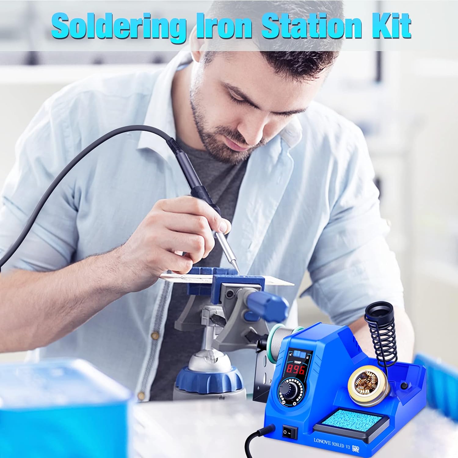 Soldering Iron Station Kit, LONOVO Soldering Station w/ 392℉~896℉ Adjustable Temperature (C/F),10-Min Sleep Mode, LED Display Digital Soldering Iron Kit, Fast Heating Up (Blue) - - 