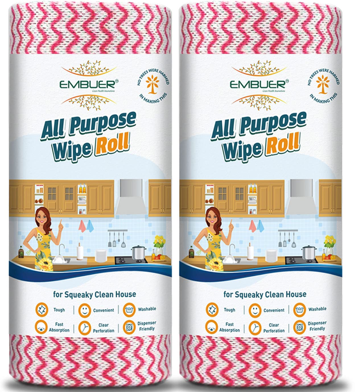 Embuer Reusable NonWoven All Purpose Kitchen Towel Roll 2 x 80 Pulls