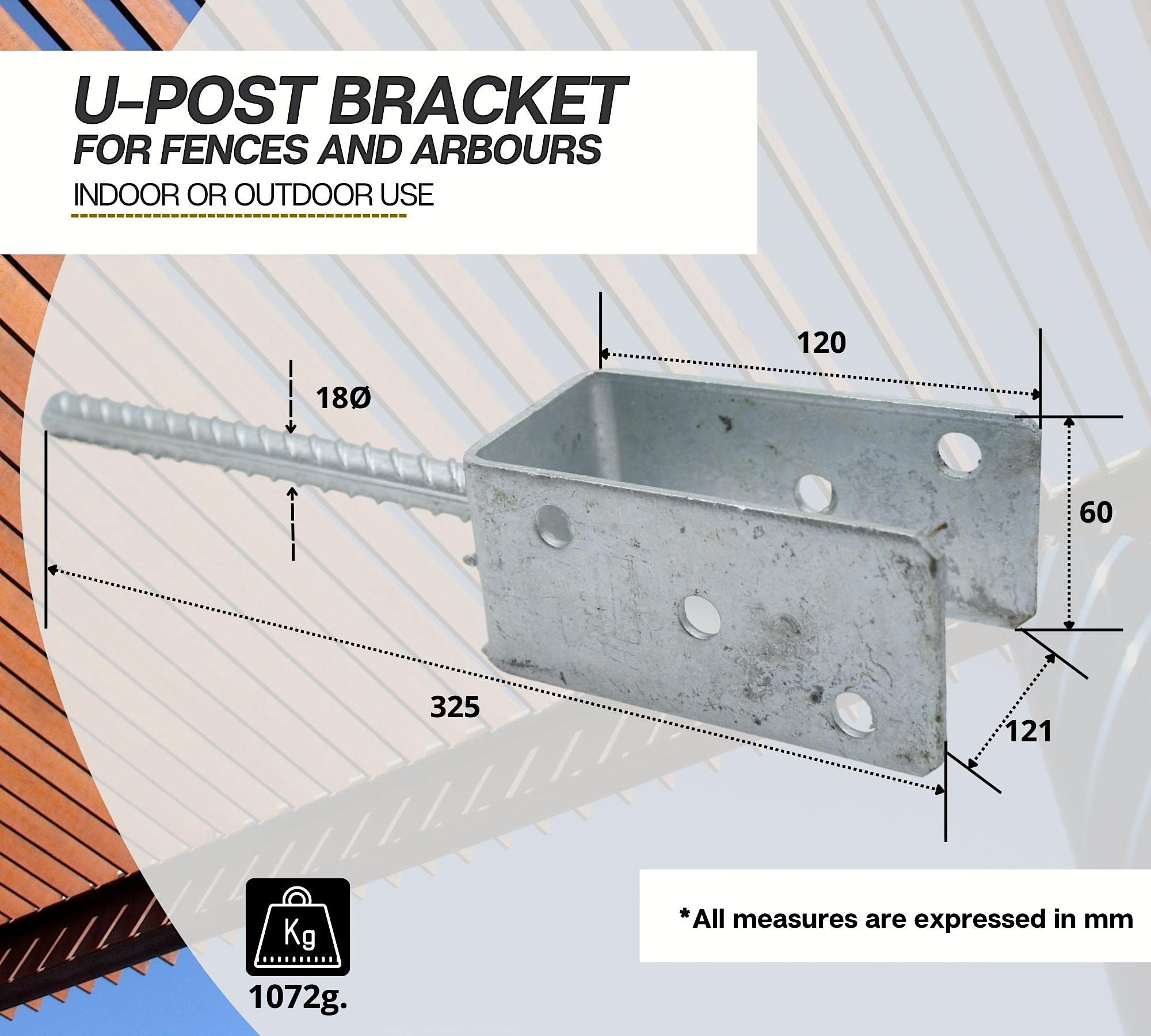 DOJA Barcelona | Anclaje Poste | 4 Soporte en U para Postes | 121x325x120x18 mm | Acero Galvanizado | Pie de Postes para Vallas, Sombrilla Playa, Listones de Madera, Malla Metalica, Pergolas de Madera