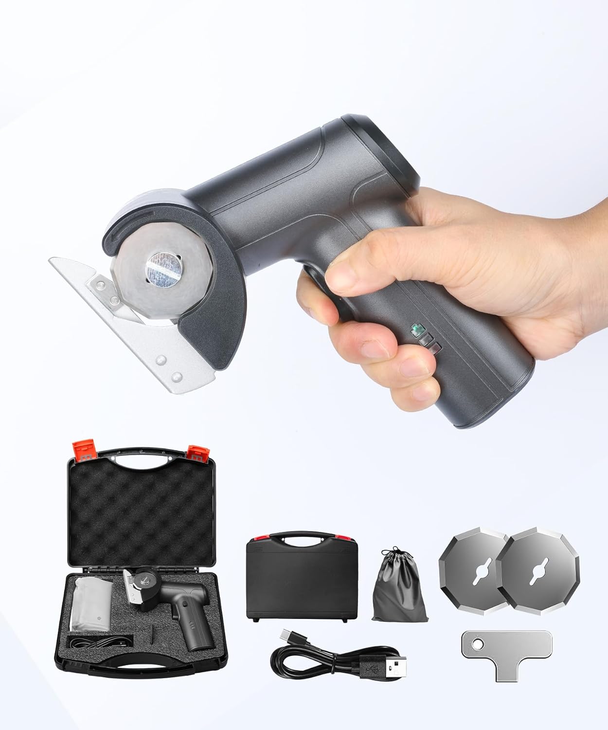 4V Cordless Electric Scissors, Ergonomic Handle, 3 SK5 Blades, 1-Hour Full Charge, 45-Minute Runtime, Portable Storage Bag, with Safety Lock, for Fabric, Leather, and Thin Cardboard.